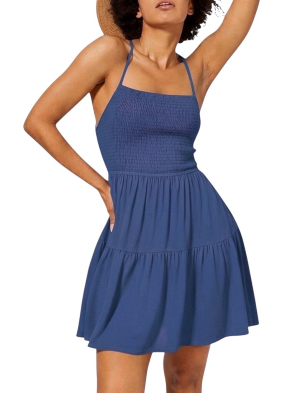 HALARA Slate Blue Smocked Cami Mini Dress lace up Spaghetti Straps Medium NWT
